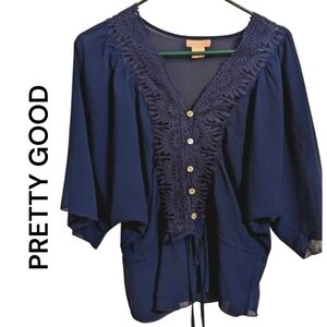 Pretty Good |  Women's Sheer Blouse Lace Applique | Navy Blue | Size Large